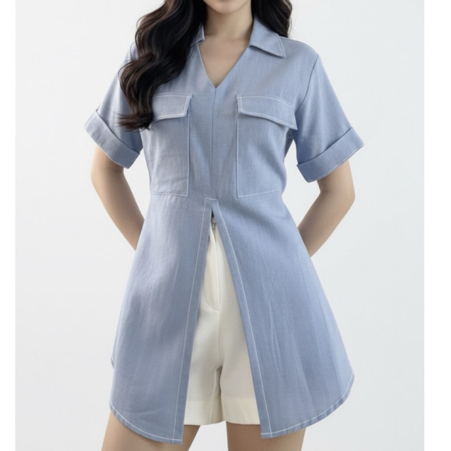 Bisa COD- 2296 Jenifer Stitch Slit Top Realpict Atasan wanita terbaru/ Miranda short sleeves pocket/