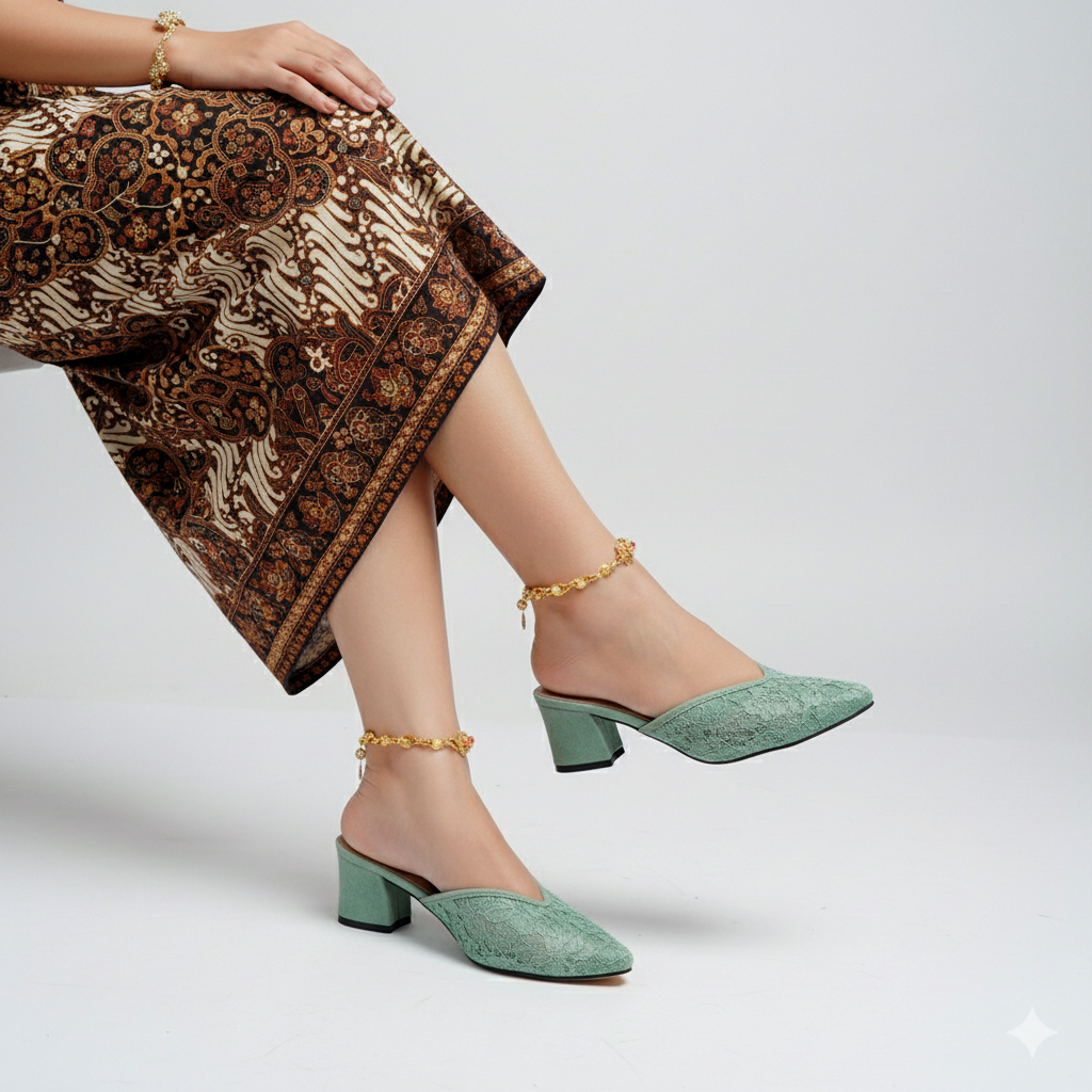 Sandal Selop Heels Wanita Brukat Hijau Mint Pesta Pernikahan, Resepsi, Kondangan, Lamaran, dan Acara