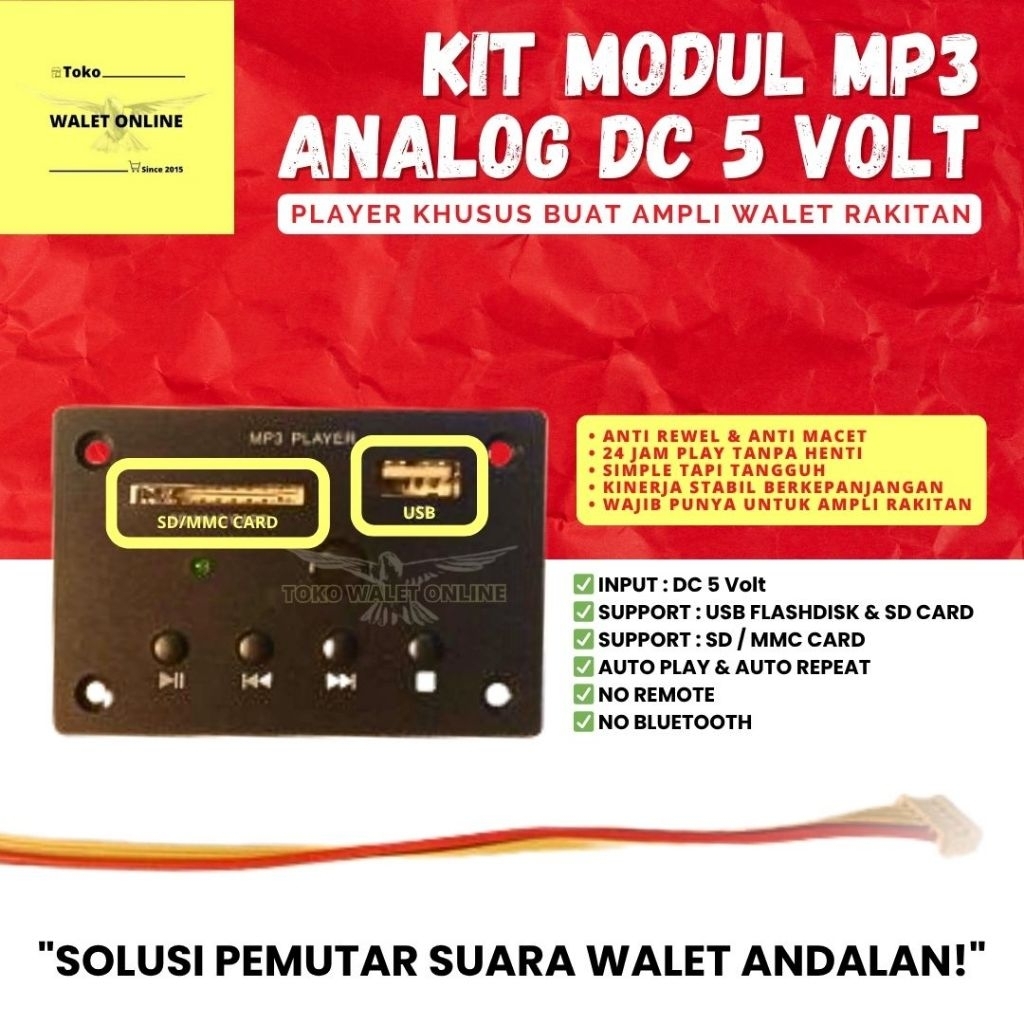 Kit Modul MP3 Analog DC 5V Khusus Amplifier Walet Support USB & SD Card Nonstop Play 24 Jam Ampli Wa
