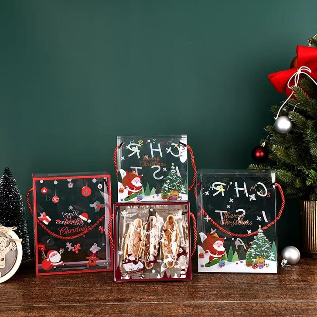Tas Mika Transparan Motif Natal Jinjing Christmas Cookies Hampers Box Bingkisan Kue Natal