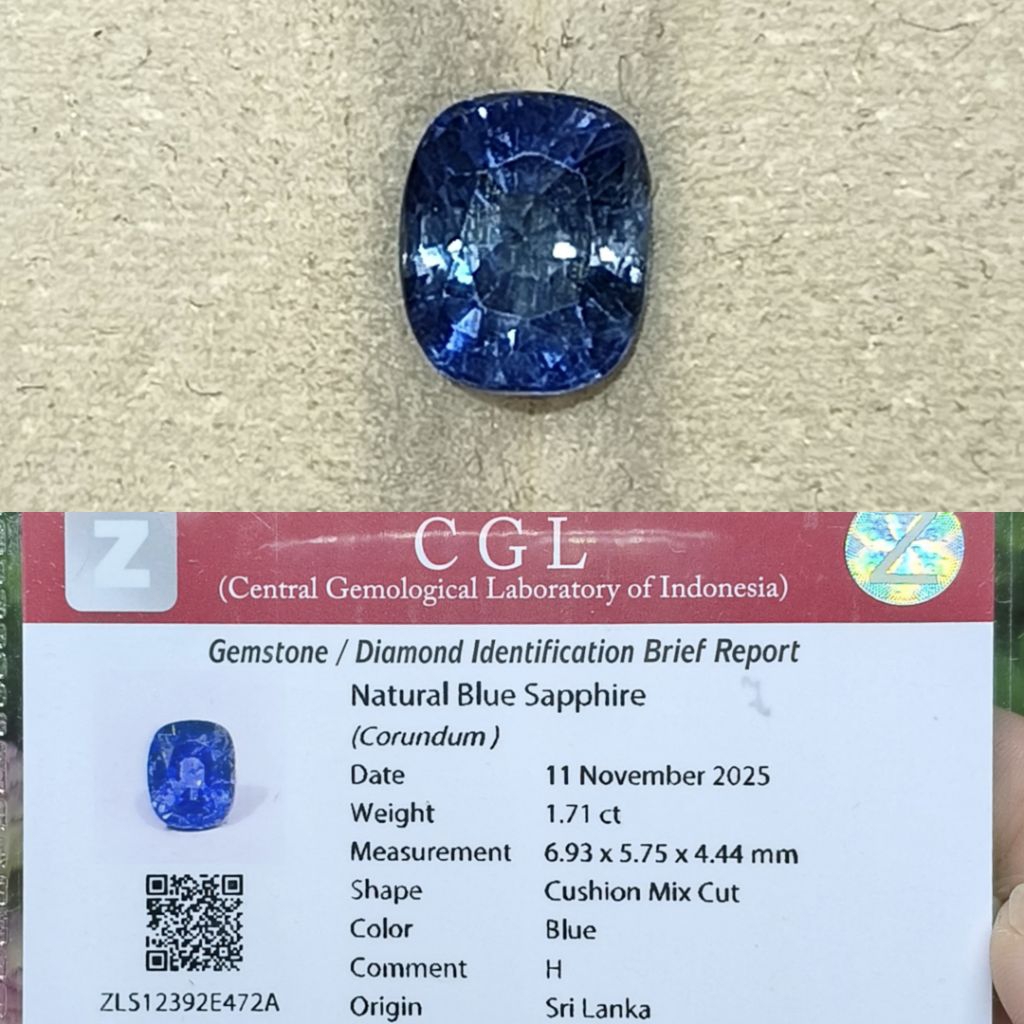 Natural Blue Sapphire Srilanka 1,71ct Heat Only Memo CGL