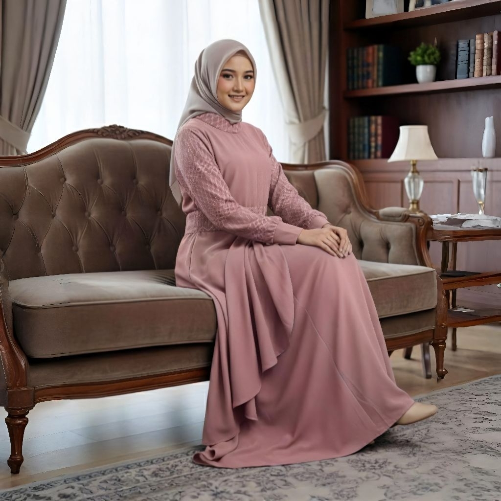 Qeela Butik - Shakia gamis dress gaun mix brokat (gamis haji dan umroh) soft pink