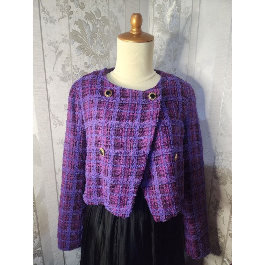 Blazer Crop Tweed Ungu Pink