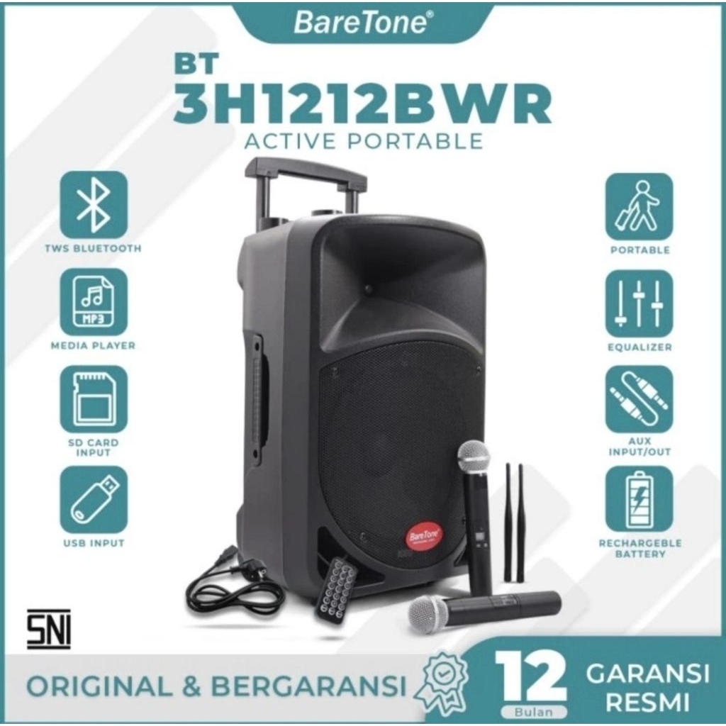 BARETONE BT 3H1212 BWR PORTABLE WIRELESS SPEAKER BLUETOOTH BT 3H 1212BWR 12bwr 12 INCH ORIGINAL GARA