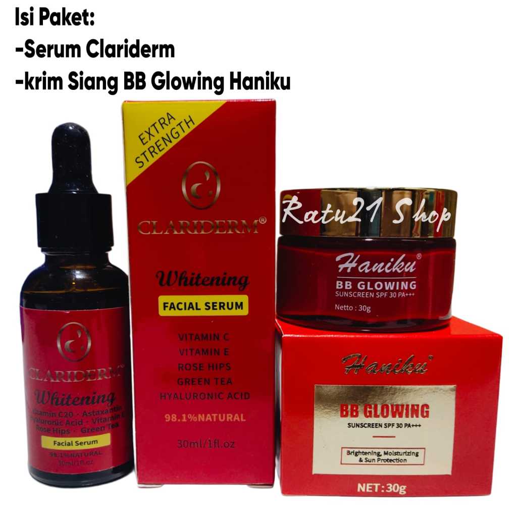 2in1 Paketan Clariderm Whitening Facial Serum & Krim Siang BB Glowing SPF 30+++