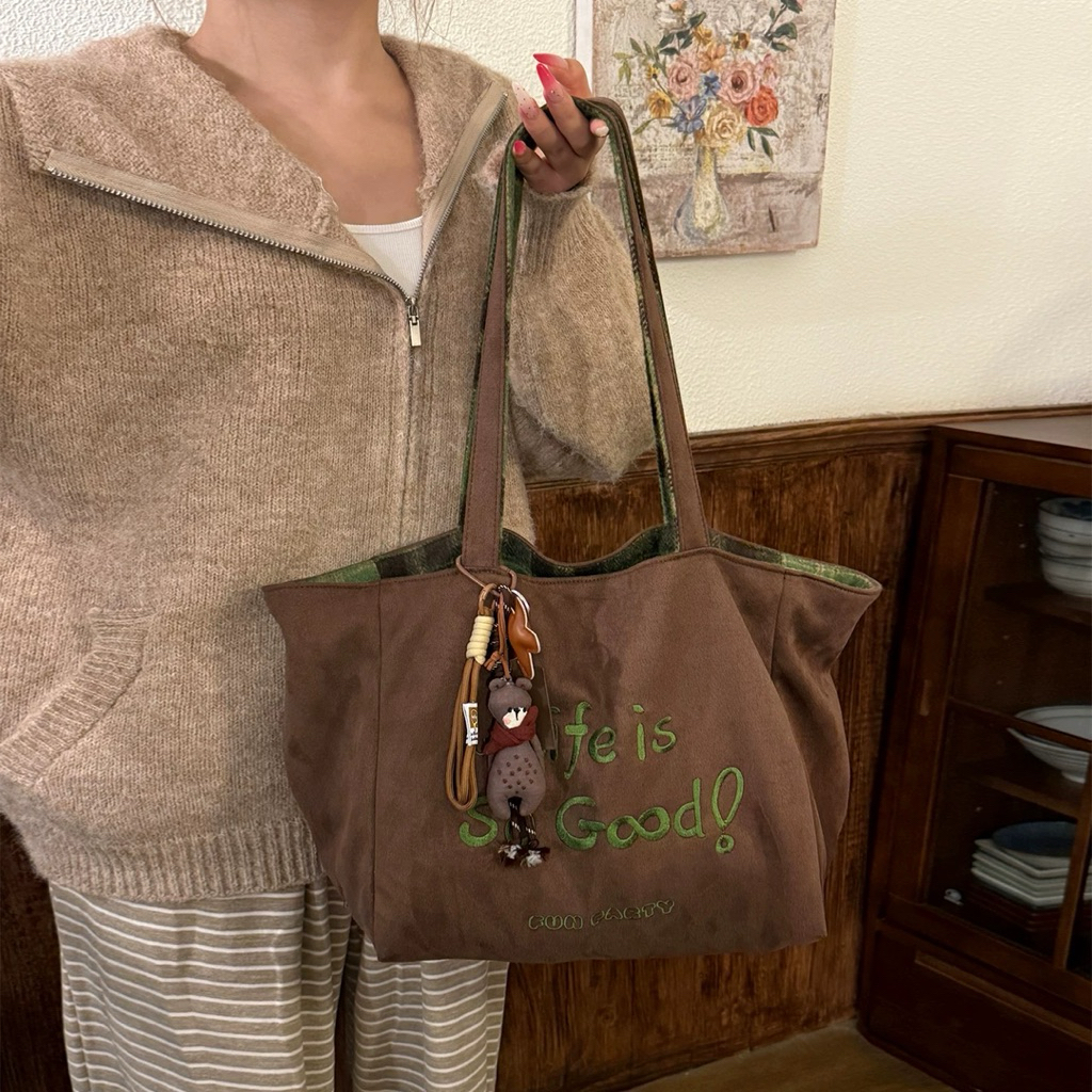 Tote Bag Wanita Velvet Coklat Motif Kotak-Kotak | Tas Bahu Cewek Korea | Tas Kuliah | Tas Laptop | S