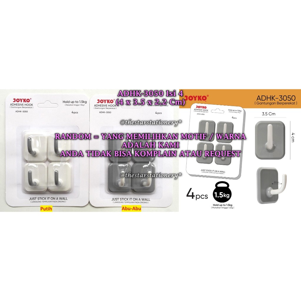 (1 Set) GROSIR Gantungan Tempel JOYKO ADHK-3050 Plastik / Adhesive Hook Joyko ADHK-3050 (1 Set)