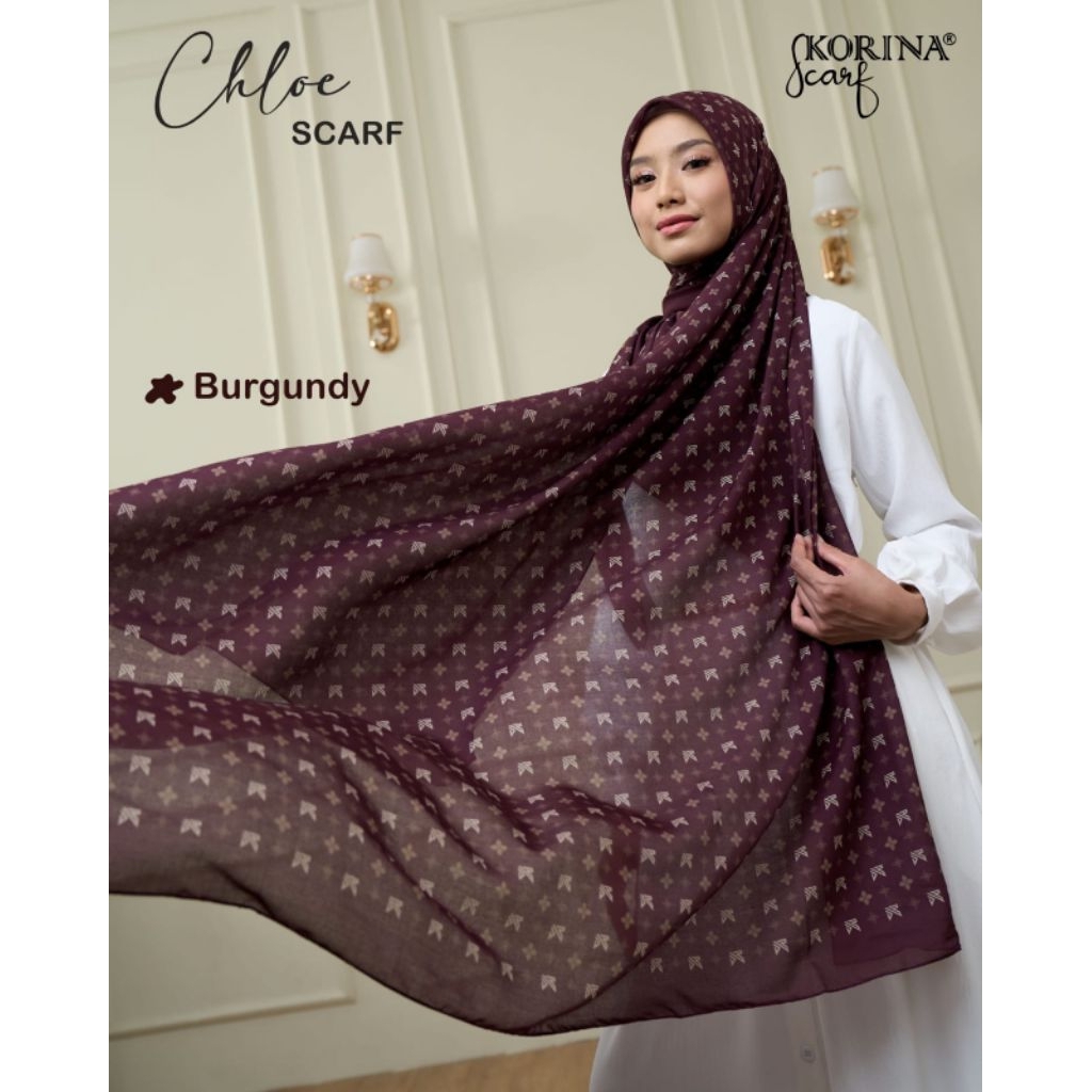 scarf chloe by korina, jilbab segiempat, jilbab motif. jilbab korina