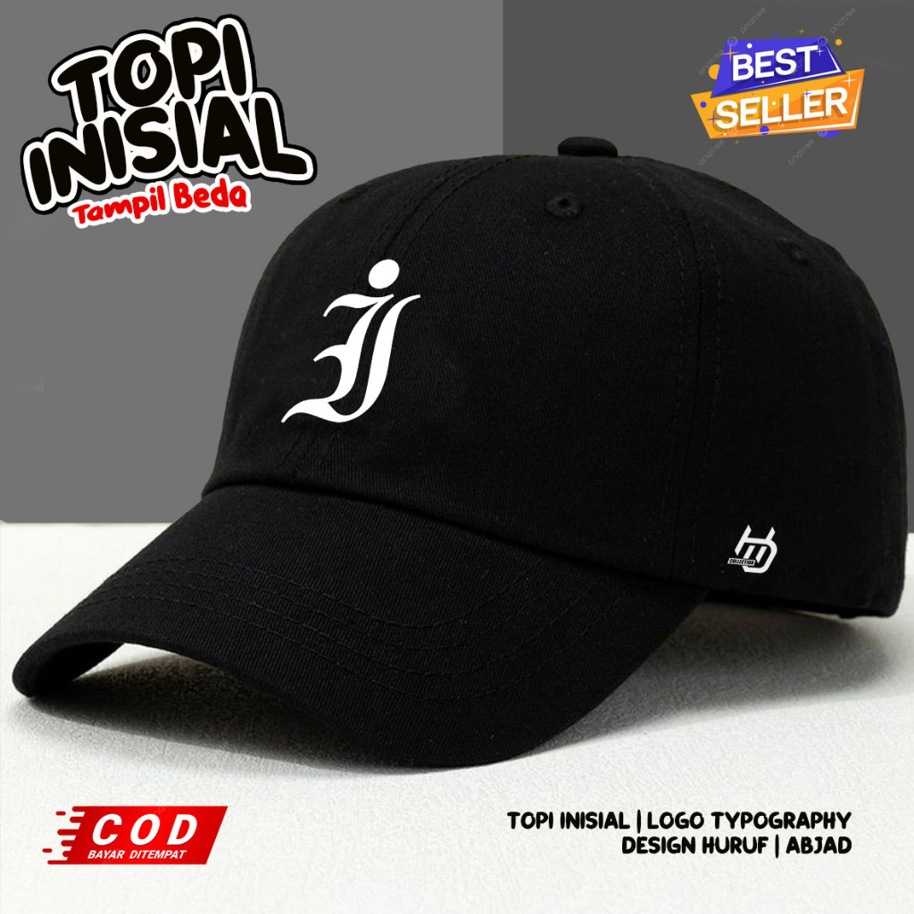 Topi Baseball Motif Mono Glow INn The Dark Warna Hitam Inisial Huruf Abjad A B C D E F G H I J K L M
