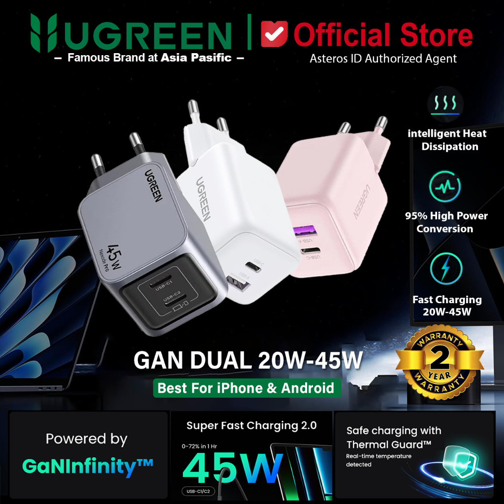 UGREEN Kepala Charger Dual Port USB A + USB Type C Fast Charging 20W 30W 45W