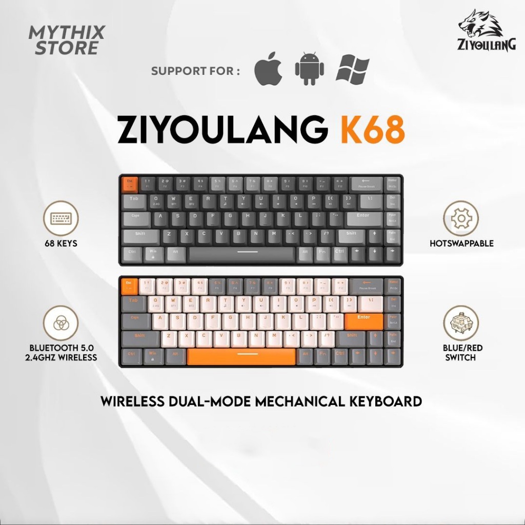 Ziyoulang K68 Wireless Bluetooth Mechanical Keyboard Ipad Iphone Android Windows Mac