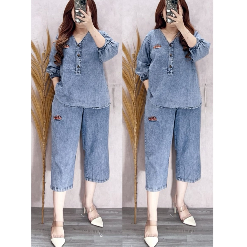 SETELAN JEANS V NECK BORDIR LD110 WANITA|SETELAN CELANA 7/8|ONE SET LD110(0699)