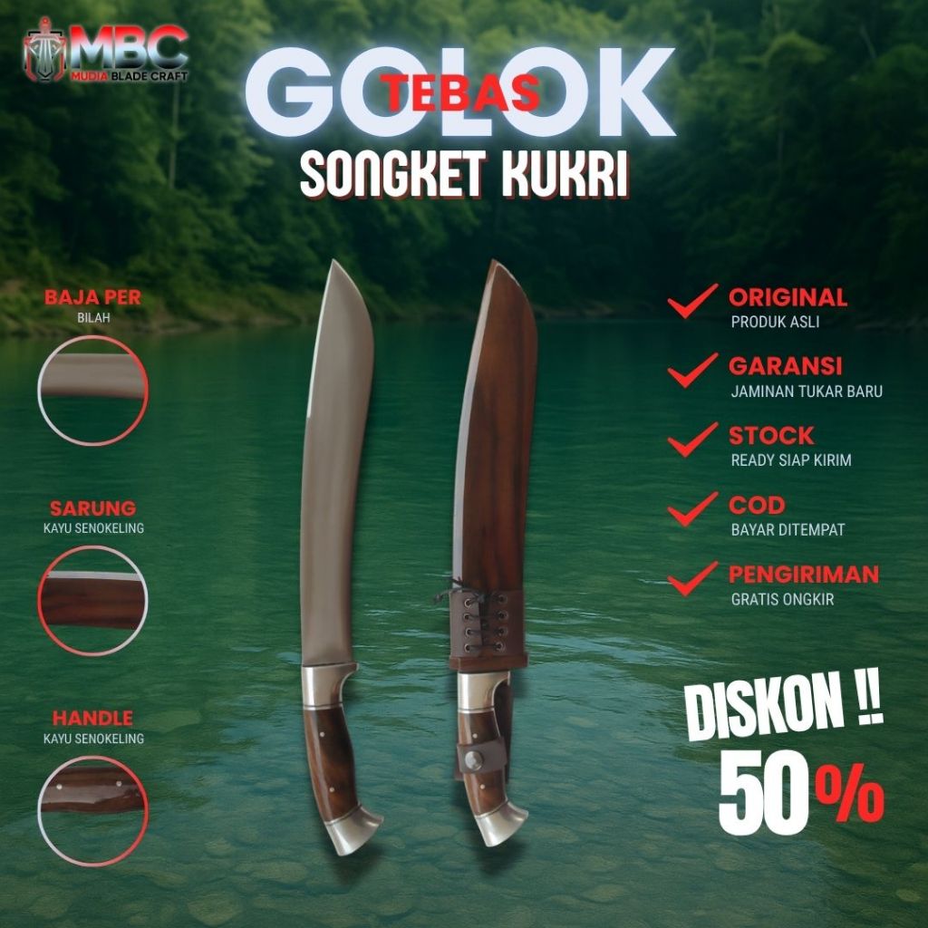 Pisau Tebass Kukri Baja Full Tang Senokeling