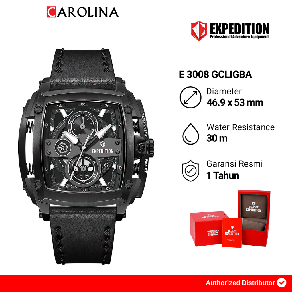 Jam Tangan Pria S Expedition Chronograph E 3008 GCLIGBA Black Dial Black Leather Strap