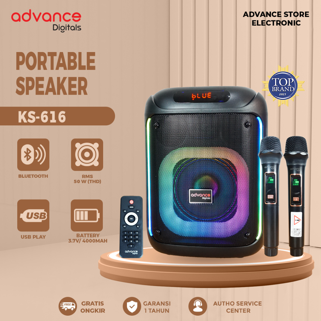 Advance KS-616 Speaker Bass Bulat Hi-Fi Sound 6.5 Inch Speaker RGB Light Speaker Karaoke Free 2 MIC 