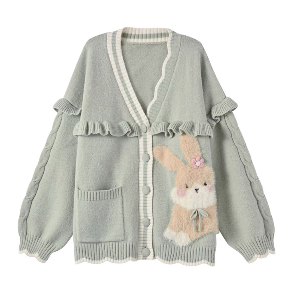 Bunny Mint Cardigan Vest | MILKTEAS | Cardigan Vest Outer Rajut Bordir Print Karakter Kelinci Aesthe