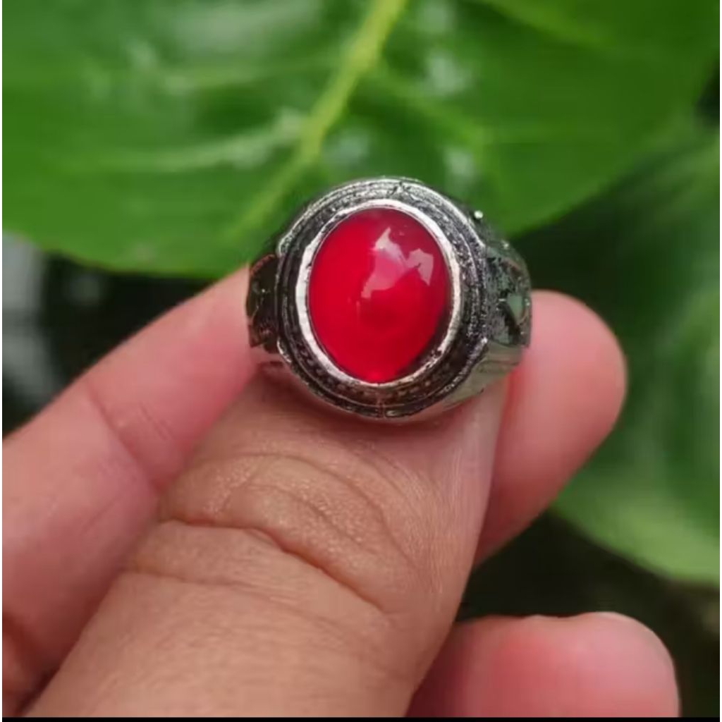 Cincin batu akik merah siam Size kantor ring alpaka ukir Bali