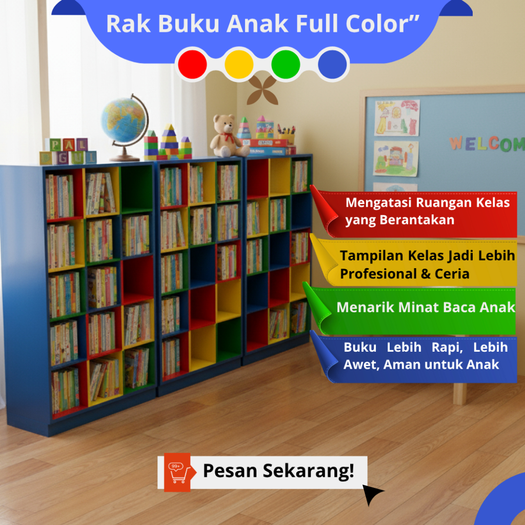 Rak Buku SD TK PAUD Full Color • 30 Kotak • Custom Warna & Ukuran Sesuai Keinginan
