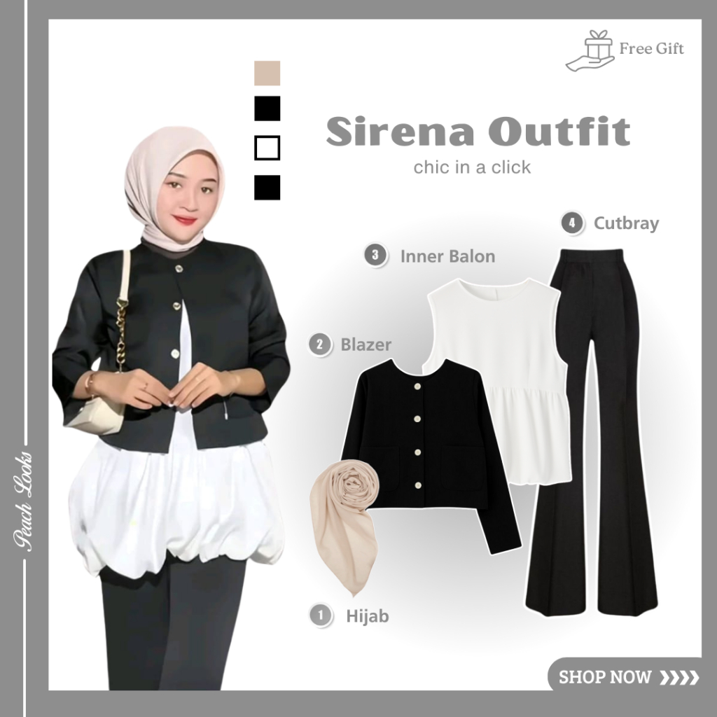One Set Sirena Outfit ( Blazer + Inner Balon + Cutbray + Hijab ) Ootd Korean Style Fashion Wanita PL
