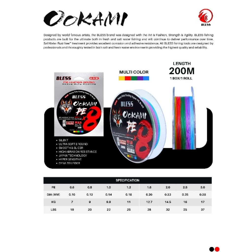 Senar PE Bless Ookami PE X8 200 Meter Multicolor