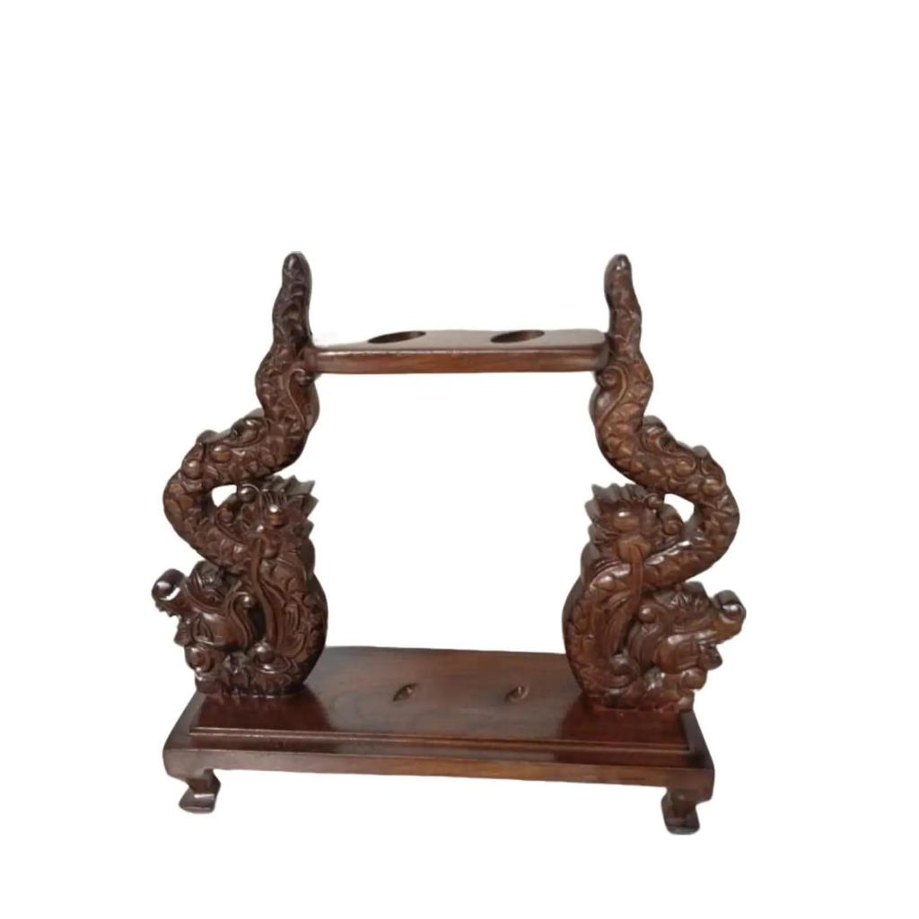 Jagrak Stand Keris Isi 2 Motif Nogo Kembar Kayu Jati Politur Antik