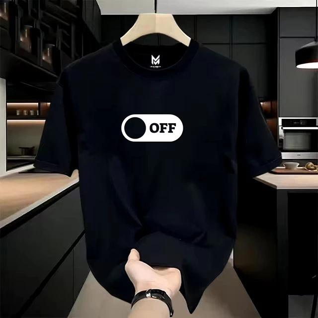 COD Kaos OOTD Pria Baju  Hitam Putih dengan Tombol "OFF" untuk  Penampilan  Harian  Stylish