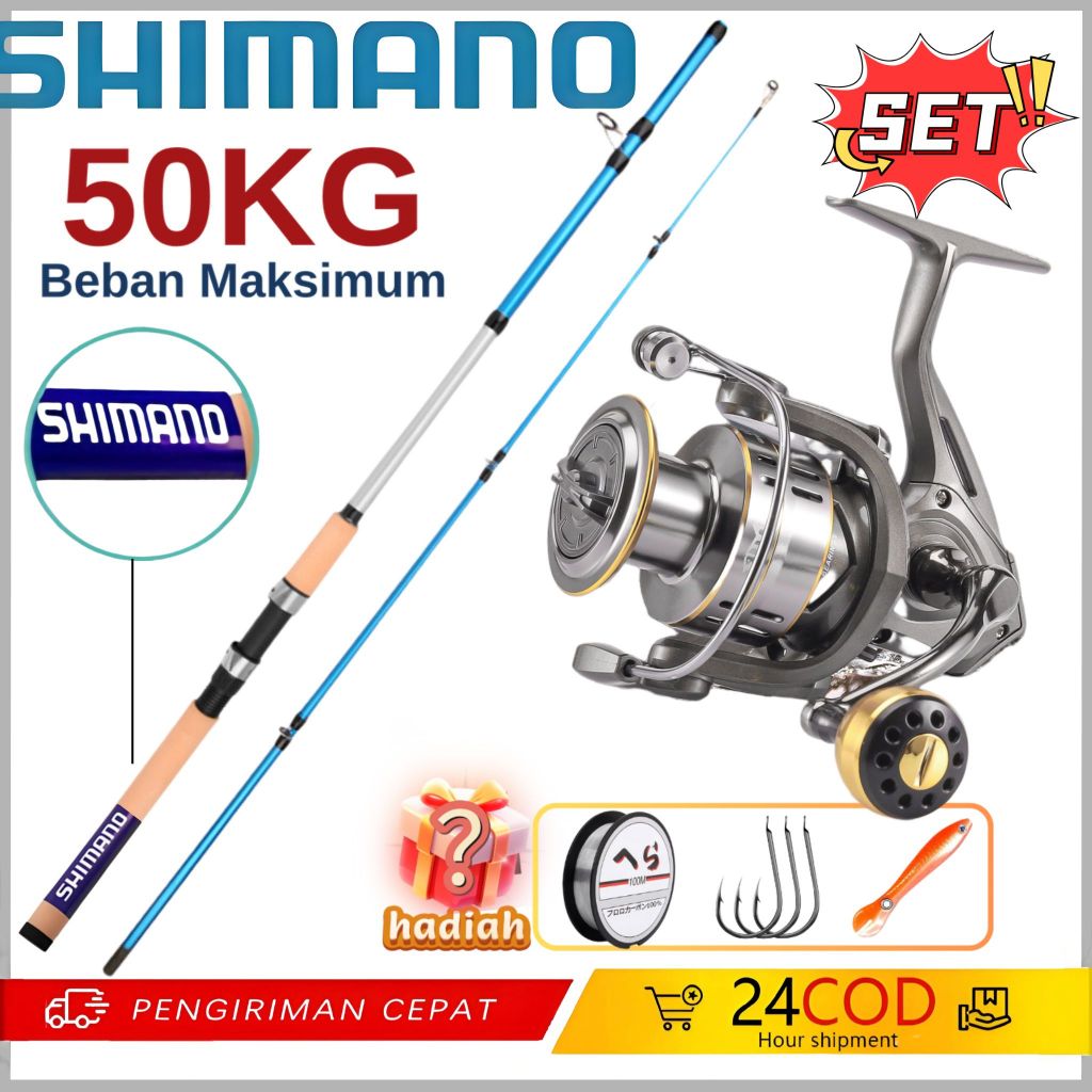 Joran Pancing Set Serat Karbon 50Kg Ketahanan Maksimum Reel Spinning 5.2:1 Gear Ratio Combo Dengan K