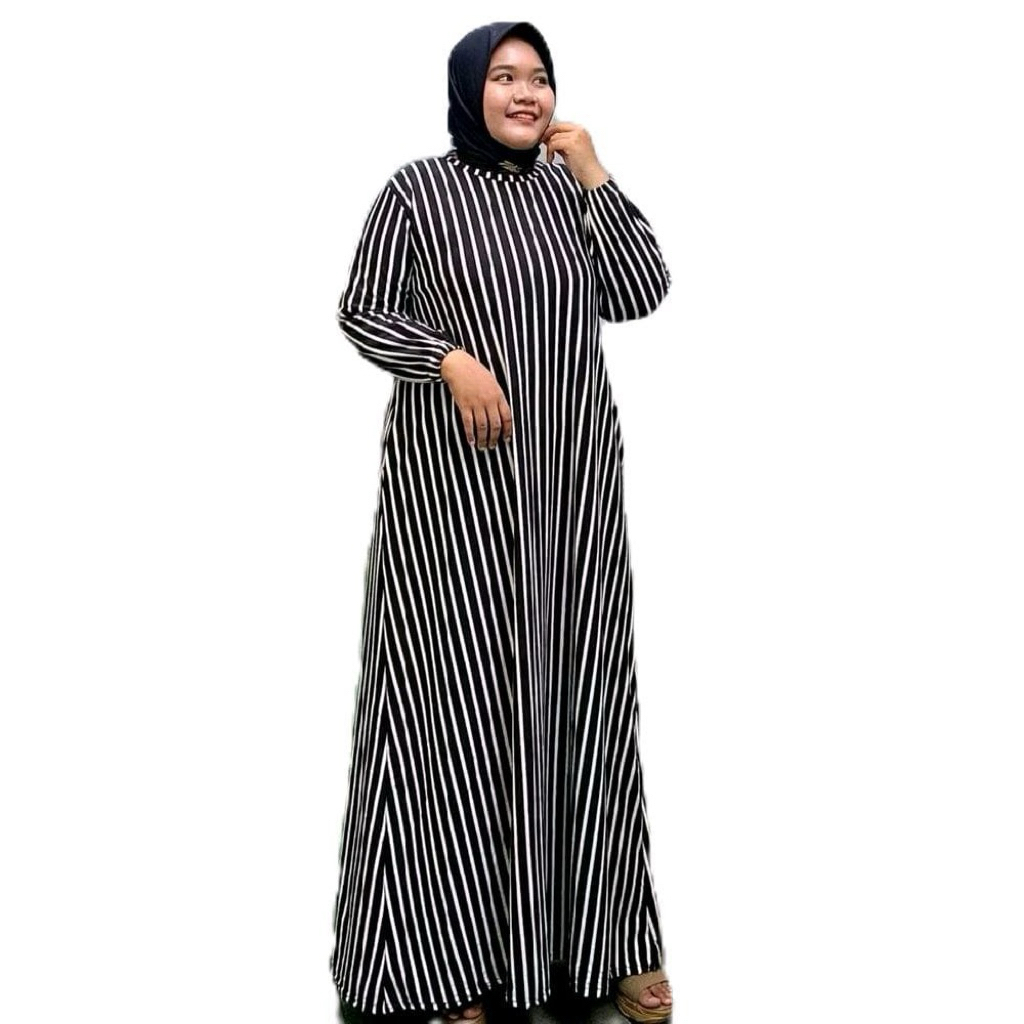 Gamis Wanita Yeni Jumbo Maxy Dress Motif Salur Bahan Kaos Rayon Spandex Allsize LD115 Melar 140