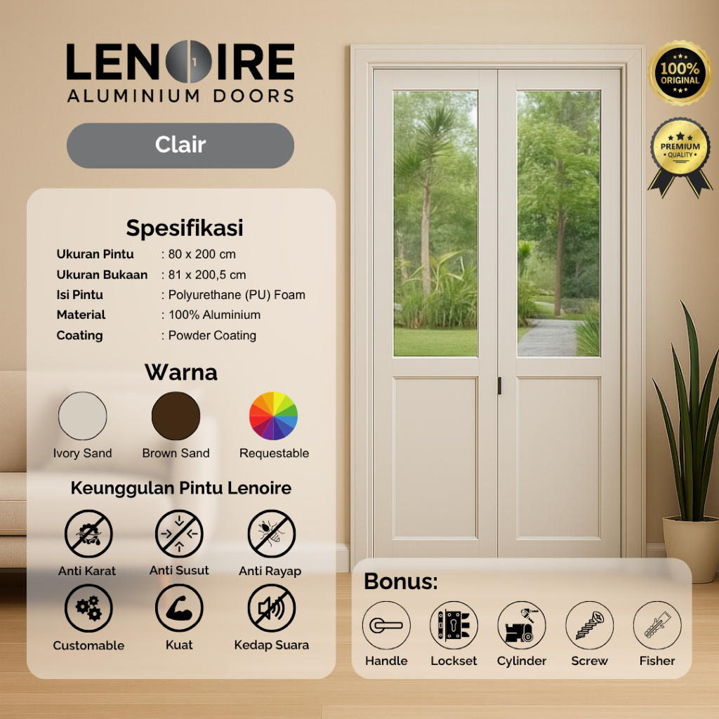Lenoire Clair Pintu Bifold Kaca Full Aluminium 80x200 | Pintu Toilet & Ruangan | Bisa Custom