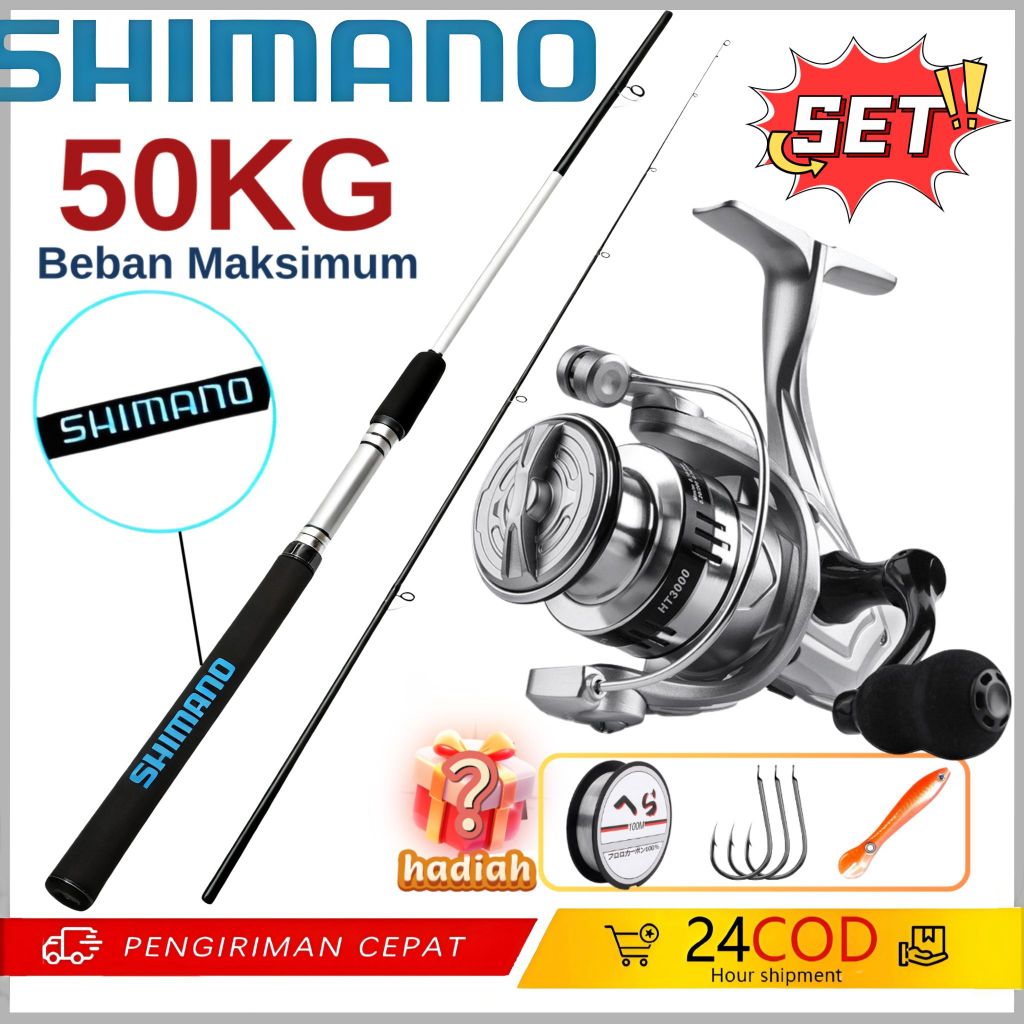SHIMANO Set Pancing Lengkap Joran 2 Bagian Portable Alat Umpan Roda Lengkap Reel Berputar Awet Cocok