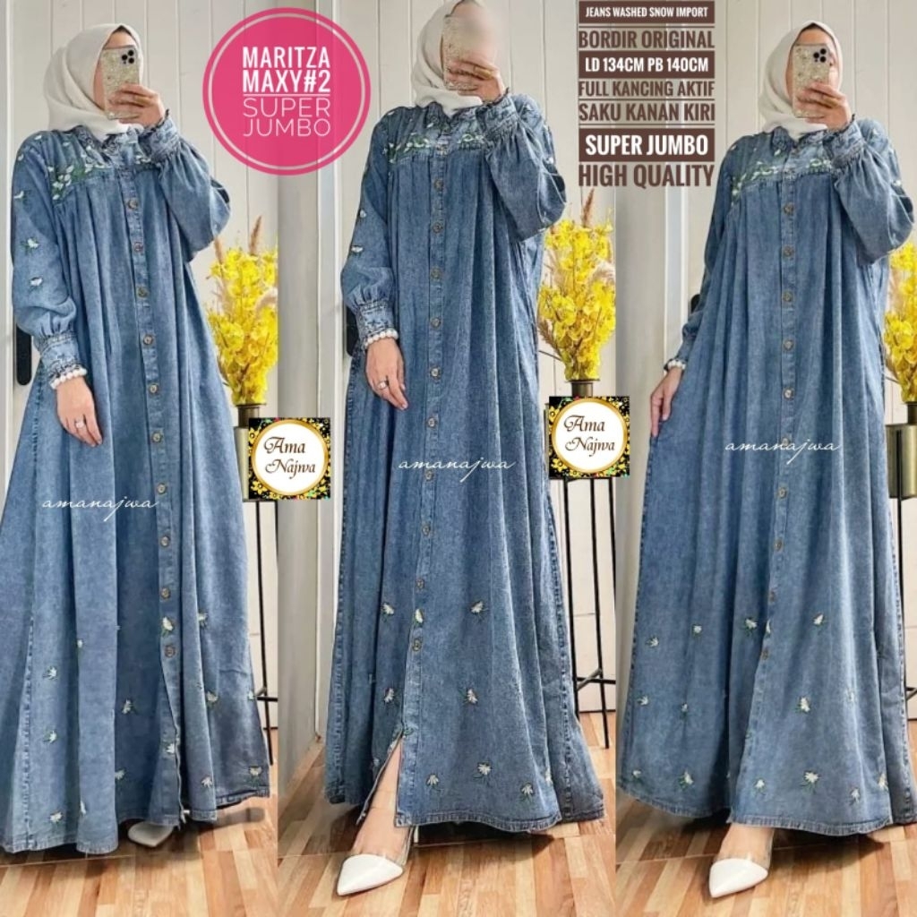 Gamis dress wanita MARITZA bahan jeans washed snow import,bordir original