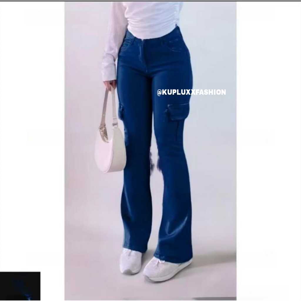 Celana Jeans Wanita - Highwaist Cutbray Cargo Terbaru - Celana Cutbray Wanita Kekinian ootd