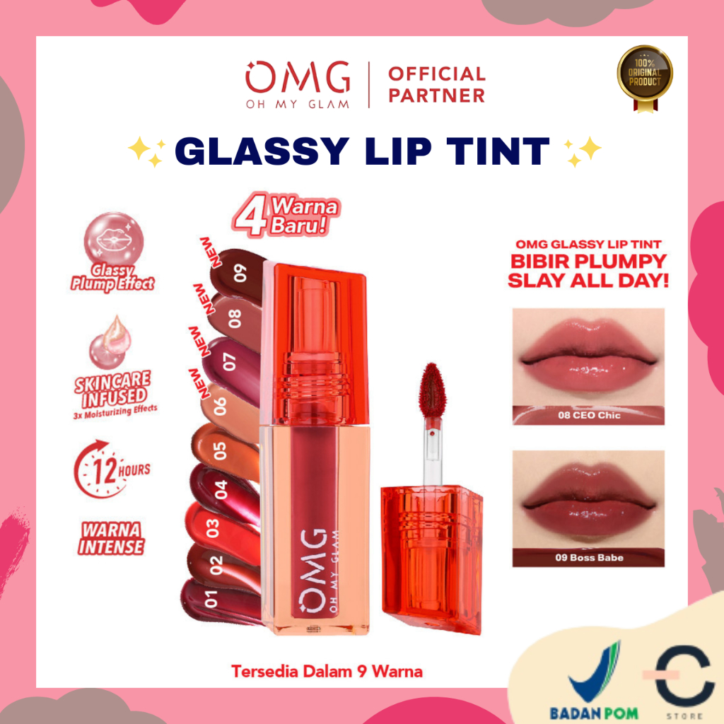 [ORI BPOM] OMG OH MY GLAM Glassy Lip Tint 2g Lip Tint Warna Intense Tahan 12 Jam, Skincare Infused |