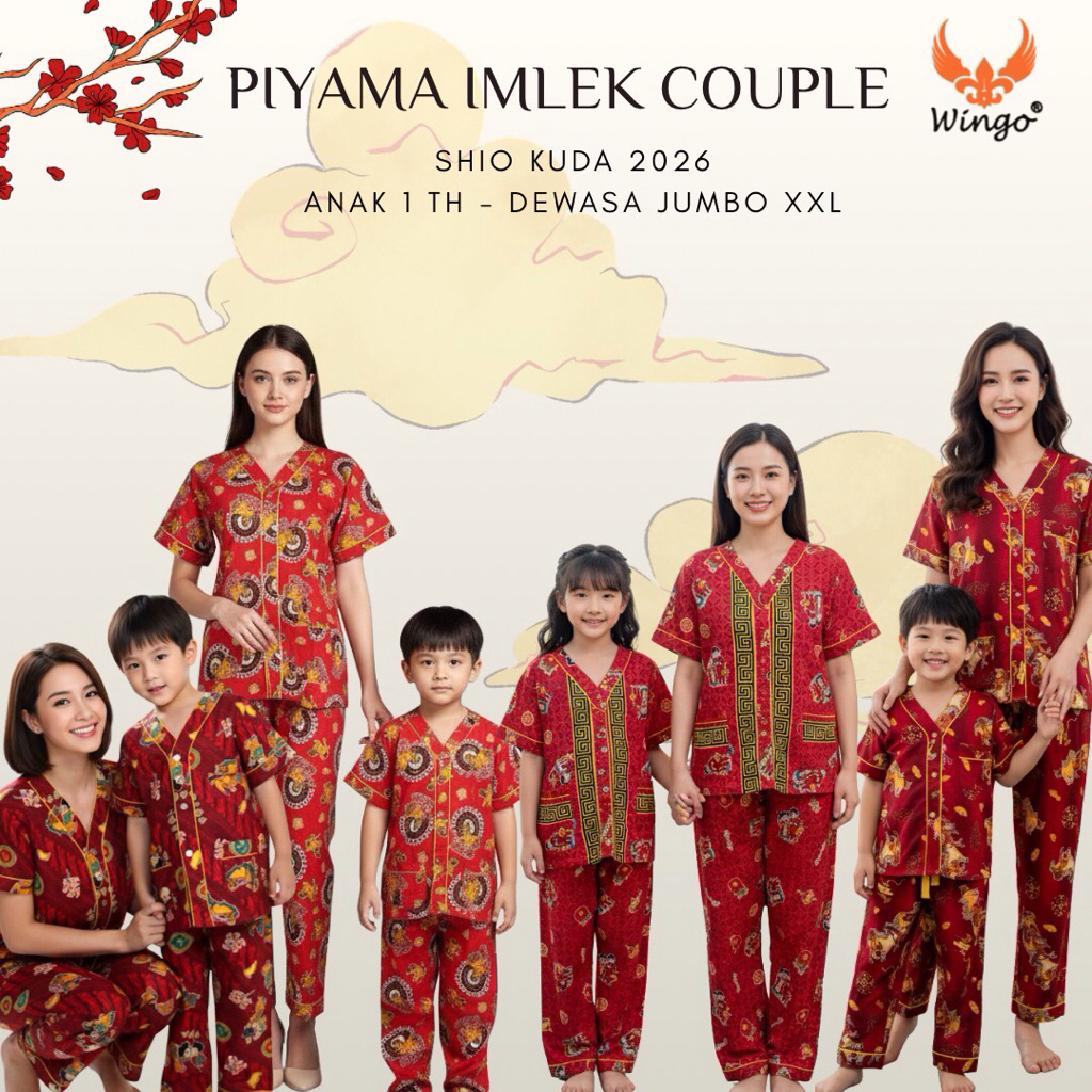 [WINGO] PIYAMA KATUN IMLEK SHIO KUDA ULAR NAGA MERAH BAJU TIDUR COUPLE KELUARGA IBU ANAK CP