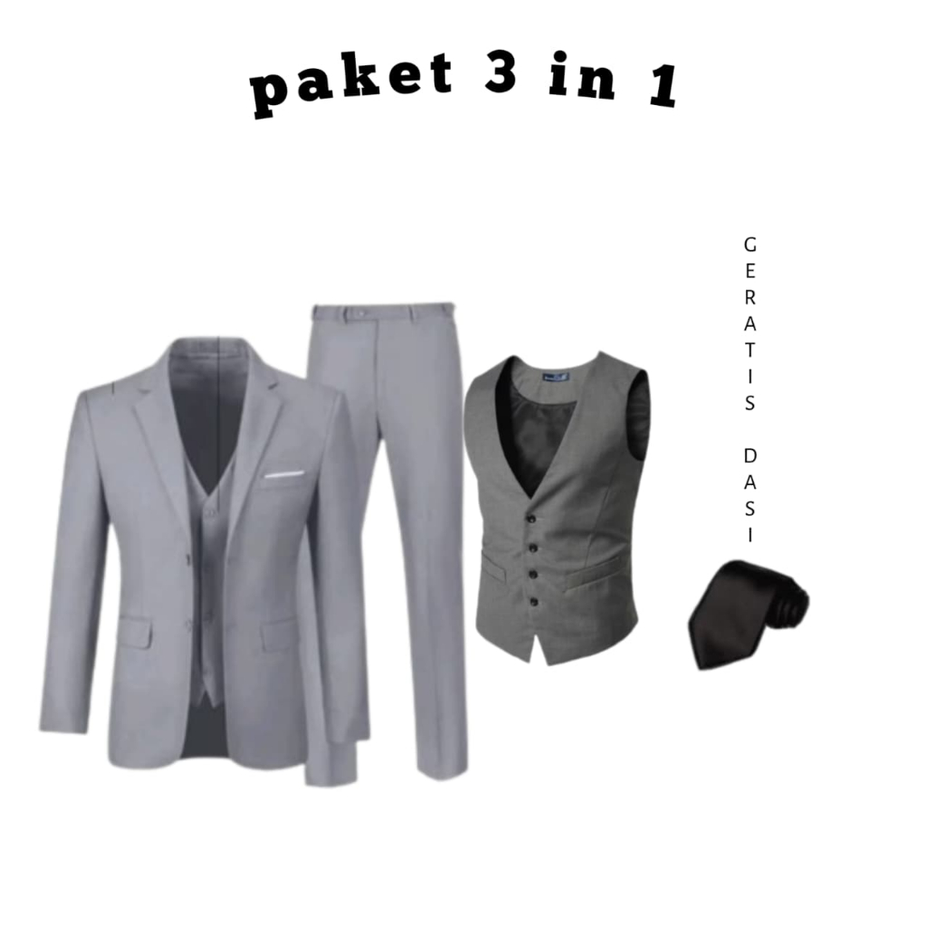 GERATIS DASI STELAN 3 IN 1 JAS BLAZER PRIA FORMAL MODEL SLIMFIT JAS ROMPI DAN CELANA WARNA ABU ABU