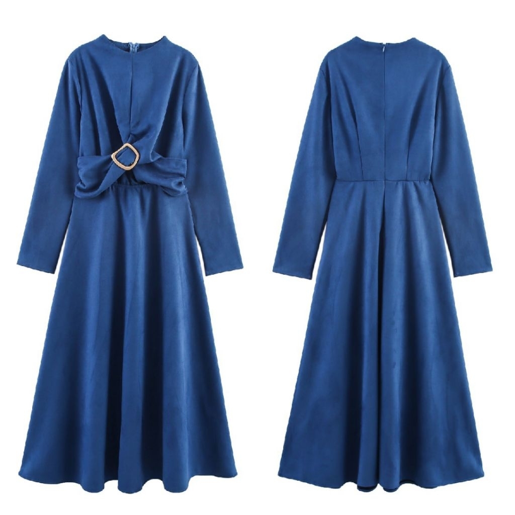 Blue Elegant Gold Buckle Velvet Maxi Dress  79047 (TEN)