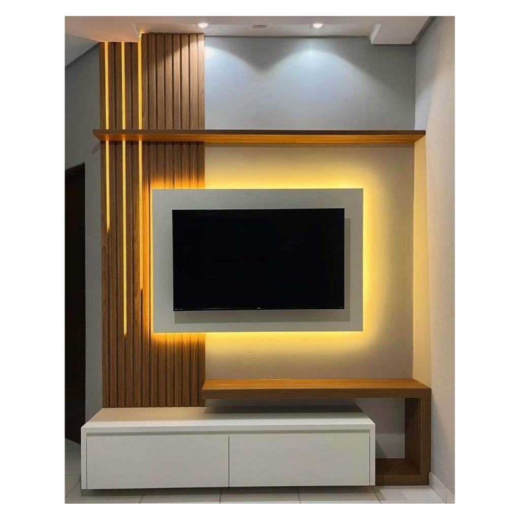 Backdrop TV Minimalis Kayu LED Modern - Rak TV Dinding Elegan untuk Ruang Tamu - Custom ukuran