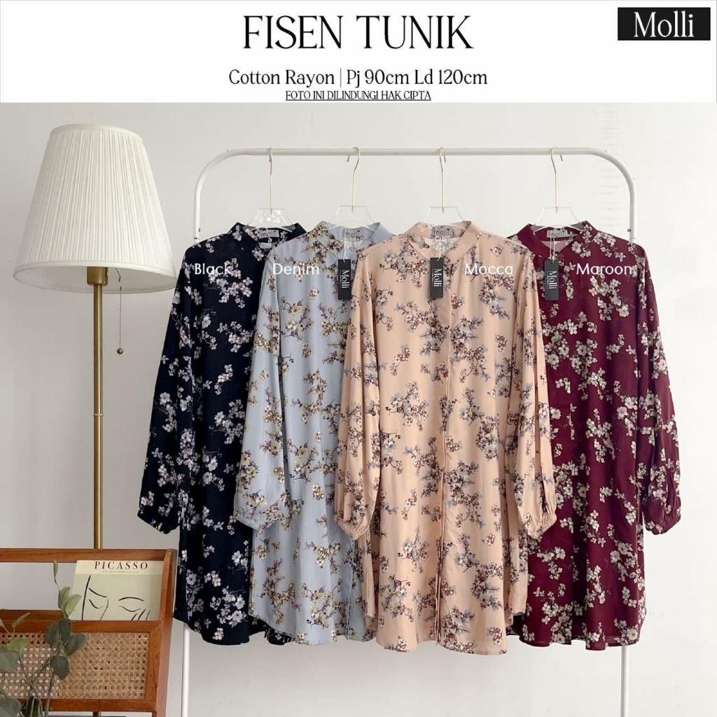 MOLLI Fisen Tunik Kemeja Katun Rayon Motif Bunga Lengan Panjang Import Quality