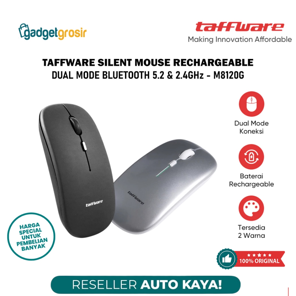 Taffware M8120G Mouse Wireless Dual Mode Bluetooth 5.0 + Dongle 2.4GHz Slim Design Rechargeable Sile