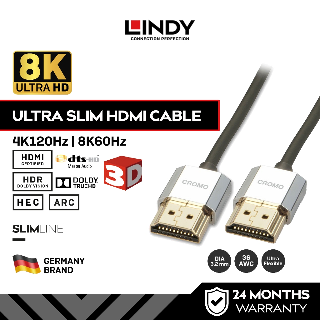 Kabel HDMI LINDY 2m Cromo Ultra Slim HDMI 2.0 Cable with Ethernet 8K 4K 2K 1080P 3D HEC ARC 18Gbps K