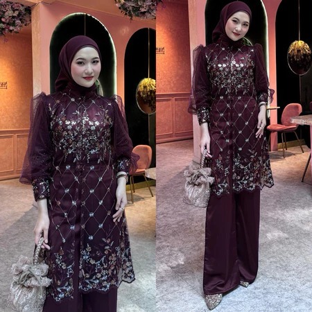 MAHEERA SET ATASAN DAN CELANA BAHAN SILK MIX BRUKAT BAJU SETELAN KONDANGAN WISUDA LAMARAN SERAGAMAN