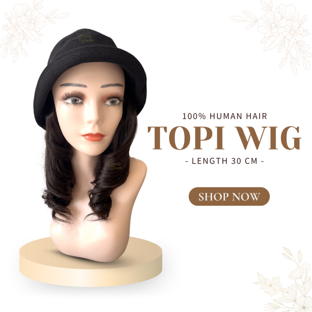 Human Hair 100% Rambut Asli Tanpa Campuran Topi Wig - Beauty Crown