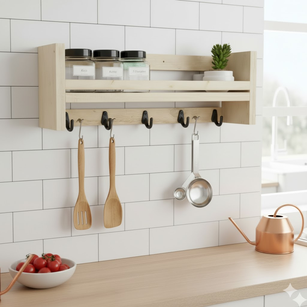 Rak Bumbu Dapur Rak Dinding Kayu Pinus Gantungan Spatula Sutil Serbaguna