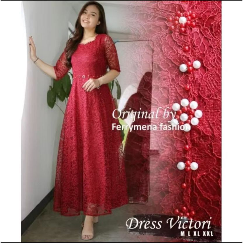 Brokat Maxi Dress Victoria Natal Pesta Gown dress gereja wanita kristen putih elegant Fashion Wanita