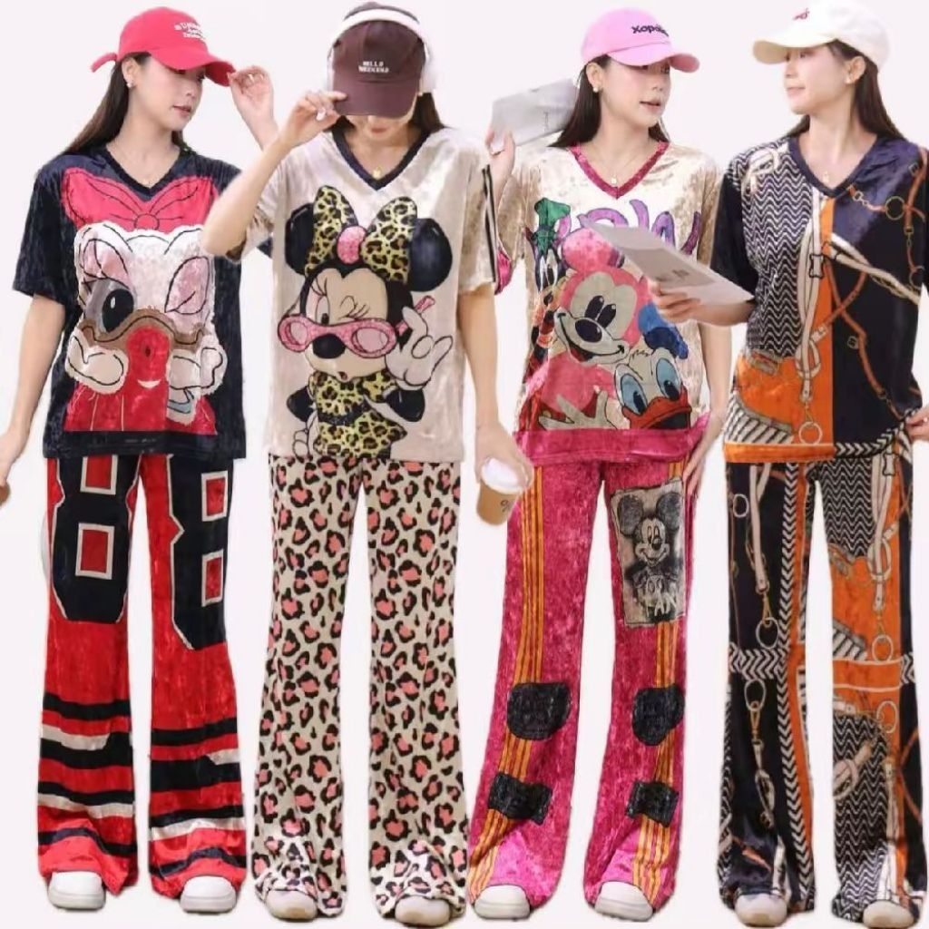 Setelan Velvet baju + celana Cutbray bludru muat s - XL