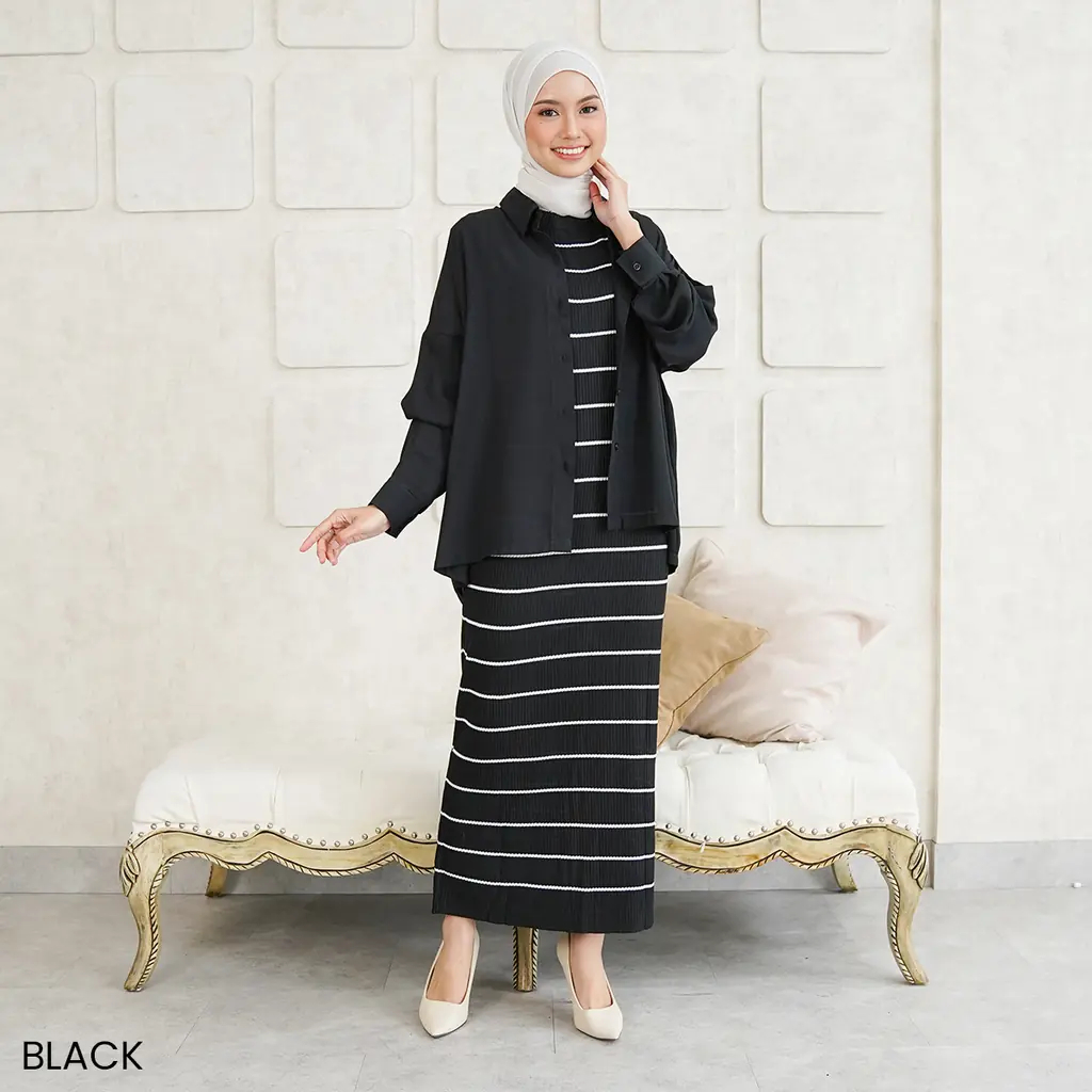 Inner Dress Rajut Manset Gamis Tanpa Lengan Jumbo Span Bodycon Salur Garis Premium Maxi Frillmingo
