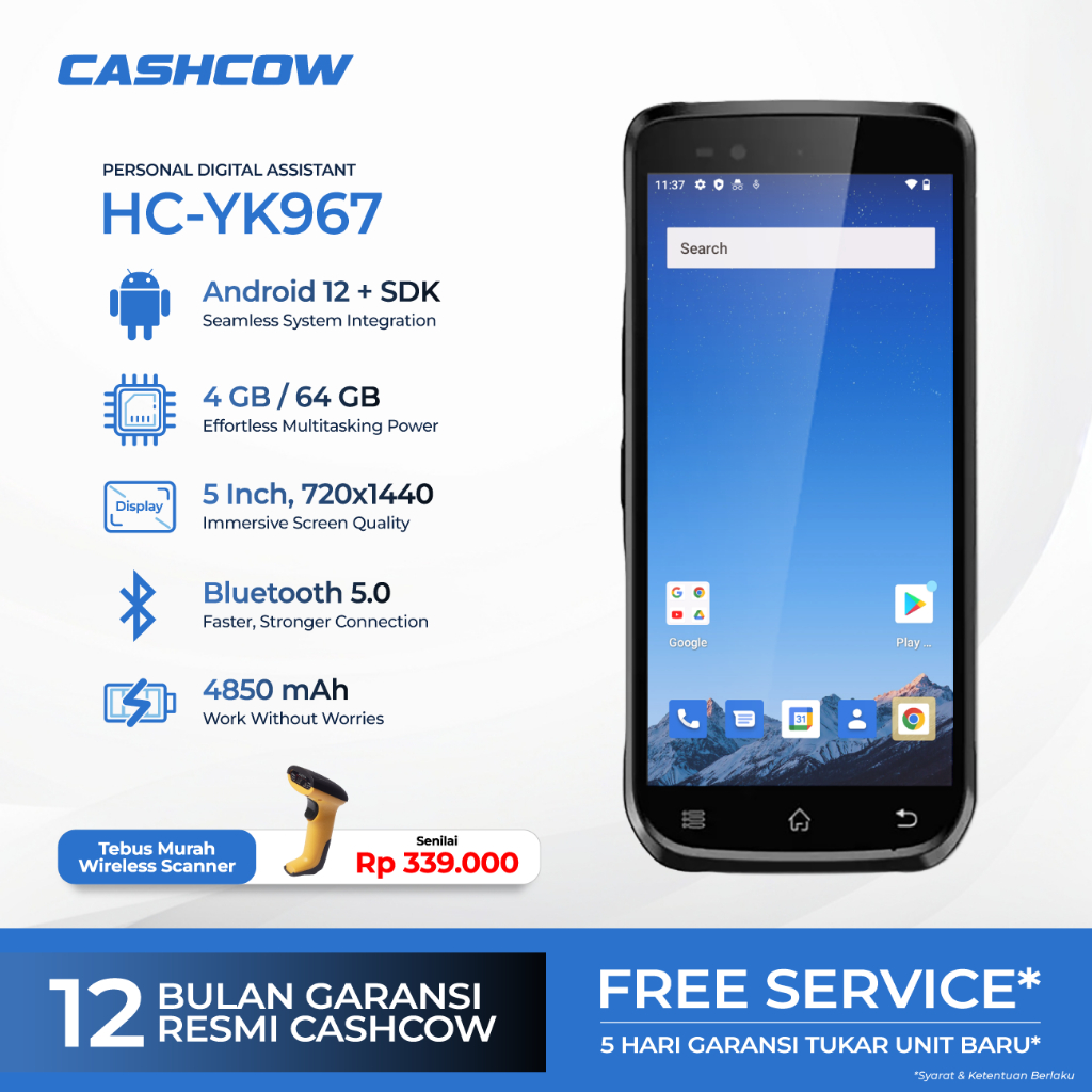 CASHCOW HC-YK967 – Mobile PDA Scanner 2D Android 12 4/64GB, 6" Inch, Support NFC, IP68, 4850 mAh