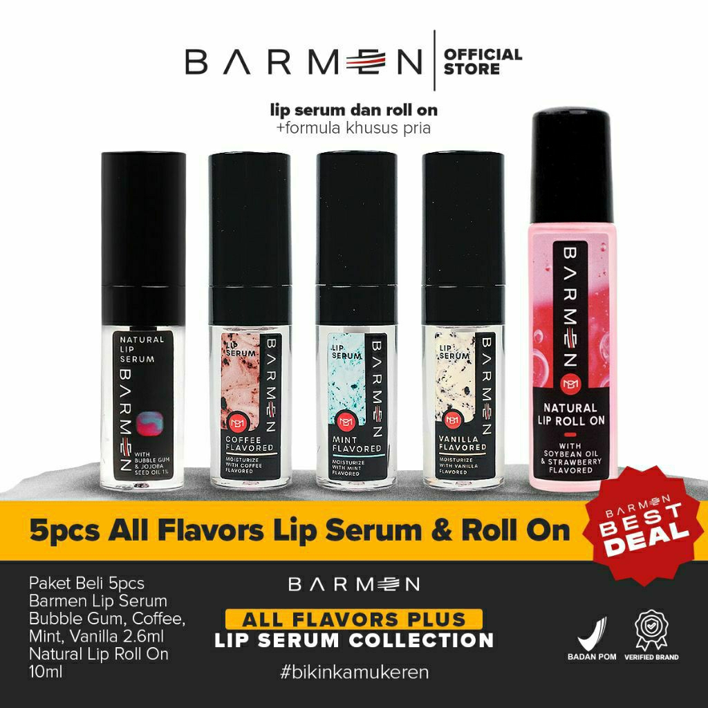 BARMEN Lip Serum Bubble Gum, Mint,Coffee,Vanilla dan Strawberry - Perawatan Bibir Pria Untuk Bibir H