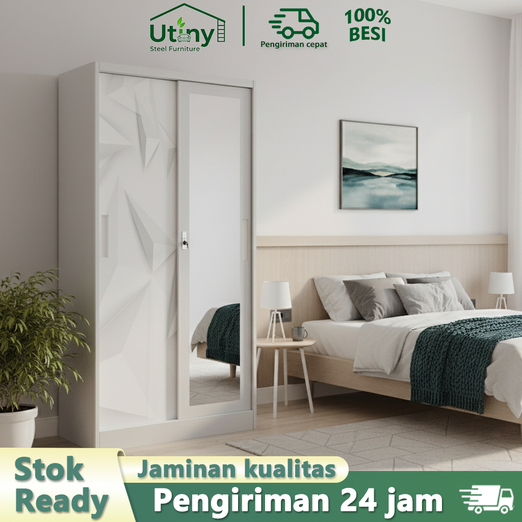 Lemari Pakaian Sliding | Metal Sliding Wardrobe  | 2 Pintu dengan Cermin |Baju Minimalis