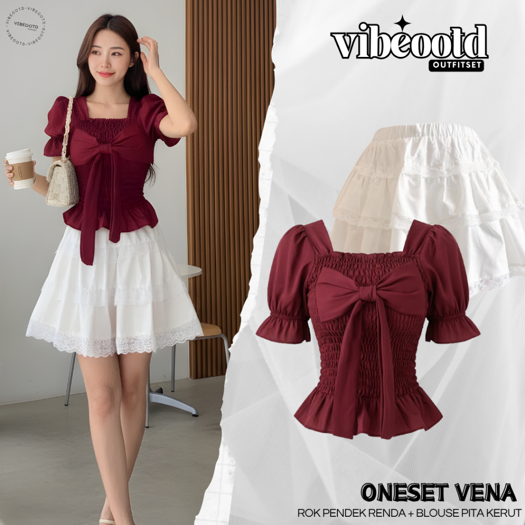 Vena Outfit Set Wanita Natal ( Rok Renda Pendek + Blouse Pita Kerut ) One Set Korean Style Christmas